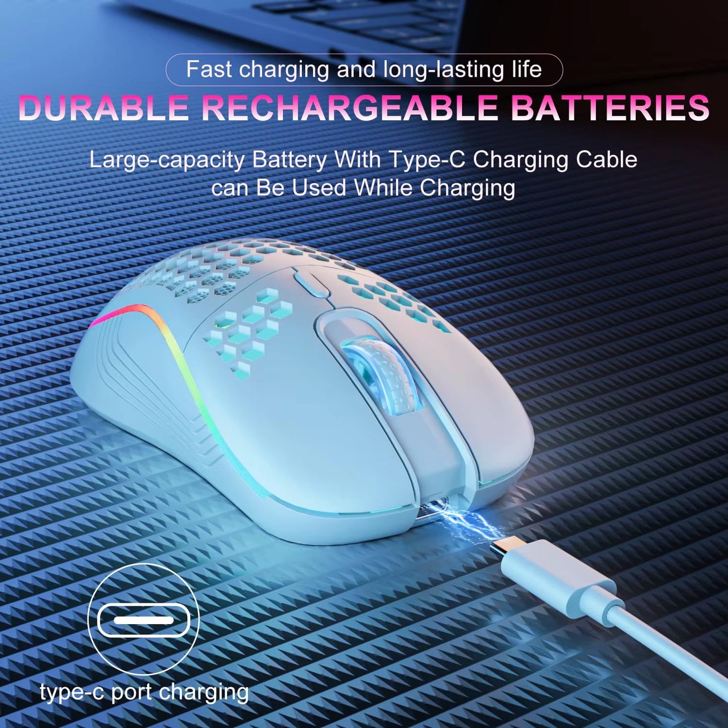2.4G Wireless Mouse with RGB Backlit 6 - Button 3 - Speed DPI Type C Rechargeable Ergonomic Honeycomb Design Gaming Mouse - NovaGadget