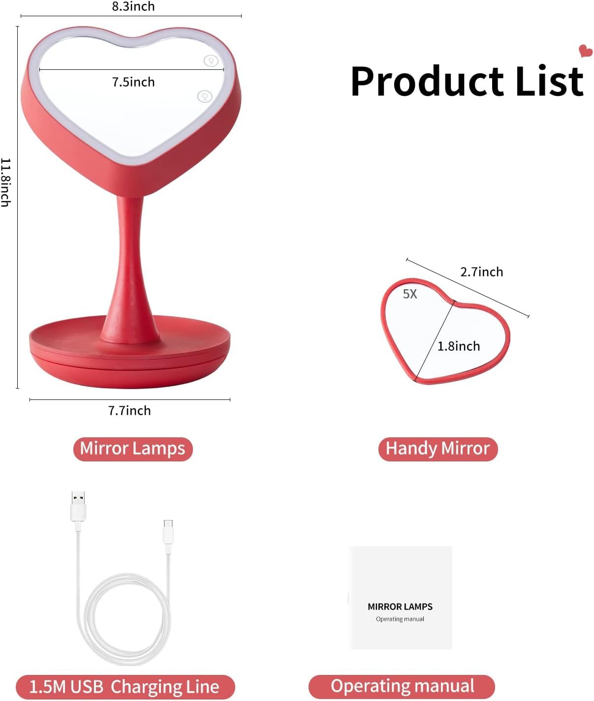 Makeup Mirror with Lights,2000 Mah LED Rechargeable Makeup Mirror,Back Ambient Light, Nice Gift for Daughter Girlfriend Wife Sister,Red - NovaGadget