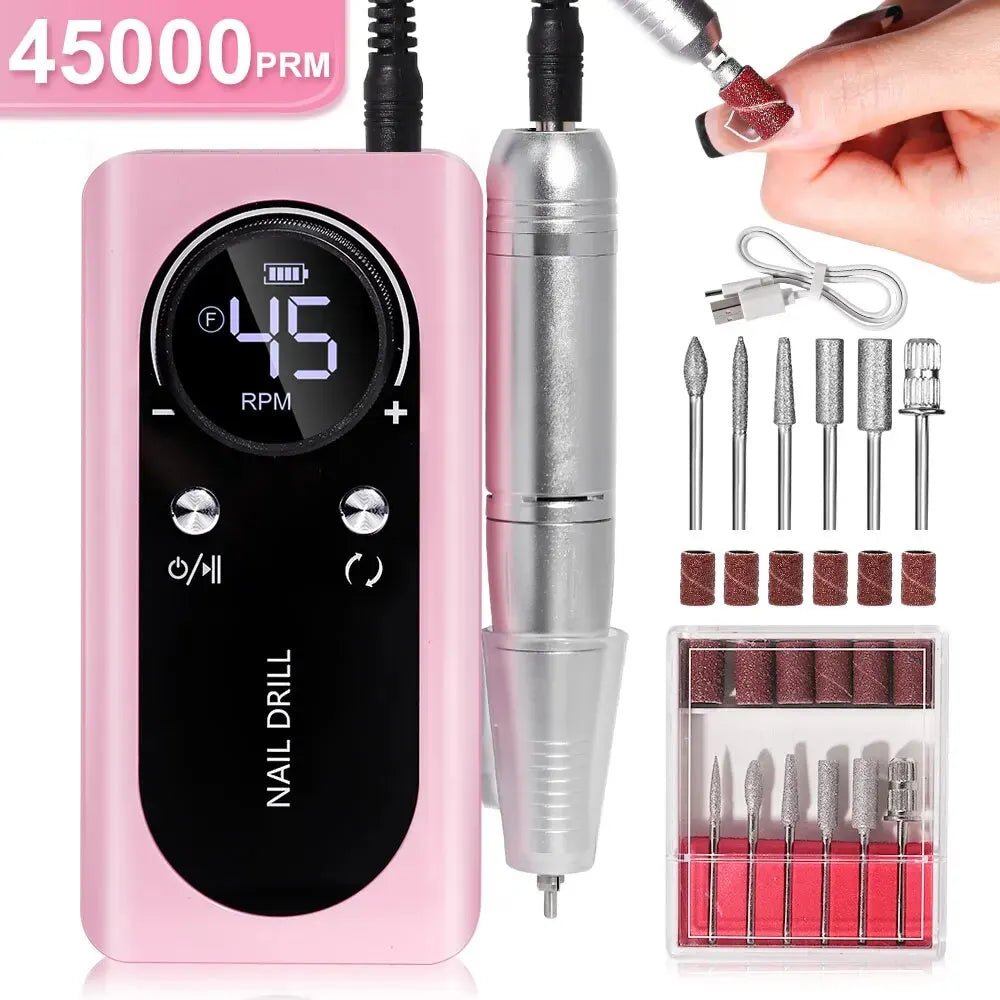 Professional 45000RPM Electric Portable Nail Drill Machine Rechargeable Low Noise Nail Sander File for Manicure Salon Tool - NovaGadget